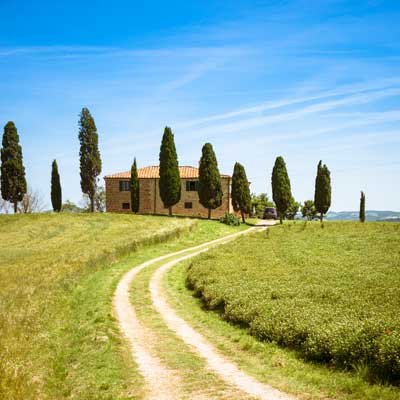 Beautiful Tuscany house managed by TurnKey, surrounded by lush green hills and iconic cypress trees, representing the natural beauty and tranquility of the Italian countryside.